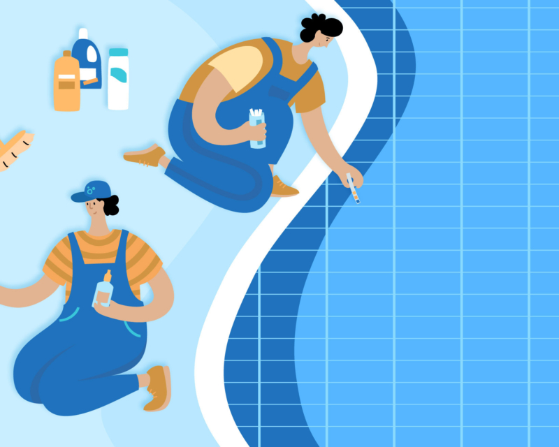 Graphic of Miller Pools technicians preventing calcium buildup in pool